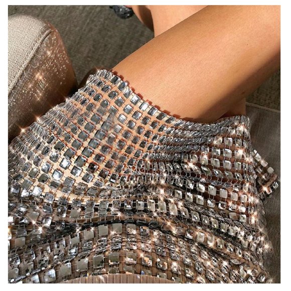 Silver Sequin Mini Skirt High Rise Clubwear Dancewear Stretchy Sizes S M L - Picture 4 of 13